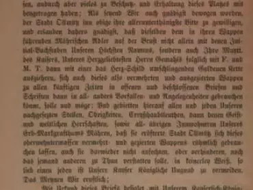 Edice privilegia Marie Terezie pro město Olomouc v publikaci Wilibalda Müllera, Geschichte der königlichen Hauptstadt Olmütz, Wien und Olmütz 1882, s. 242–243